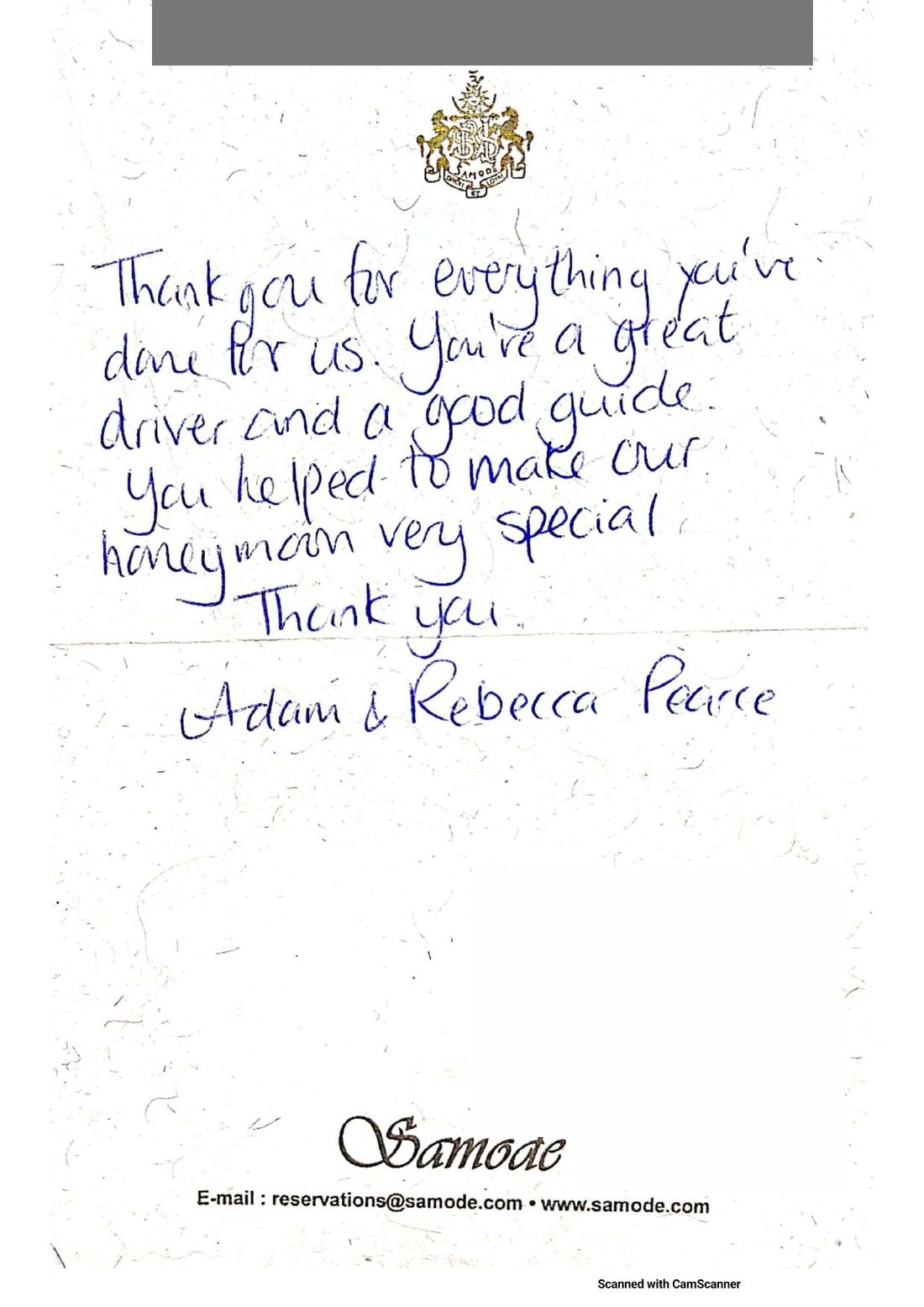 Letter from Adam & Rebecca Pearce
