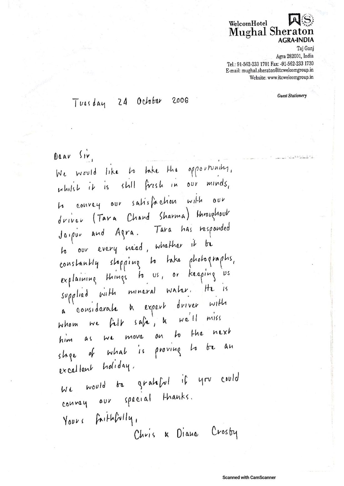 Letter from Diane & Chris Crosby