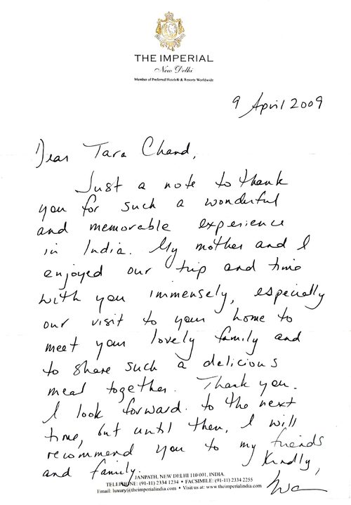 Letter from Guest, The Imperial New Delhi