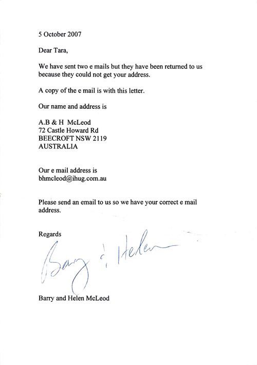 Letter from Barry and Helen McLeod