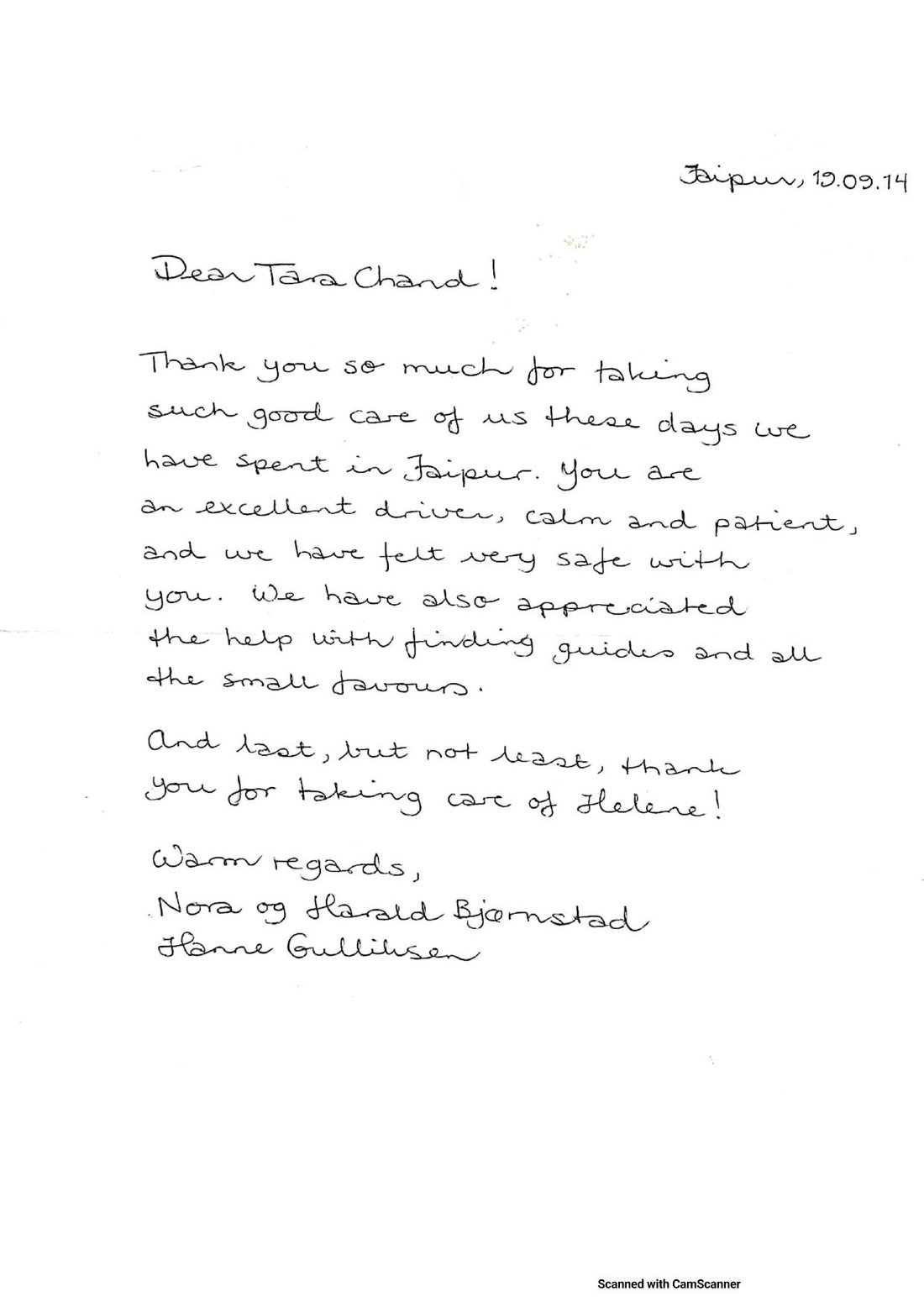 Letter from Nora & Harald Bjørnstad