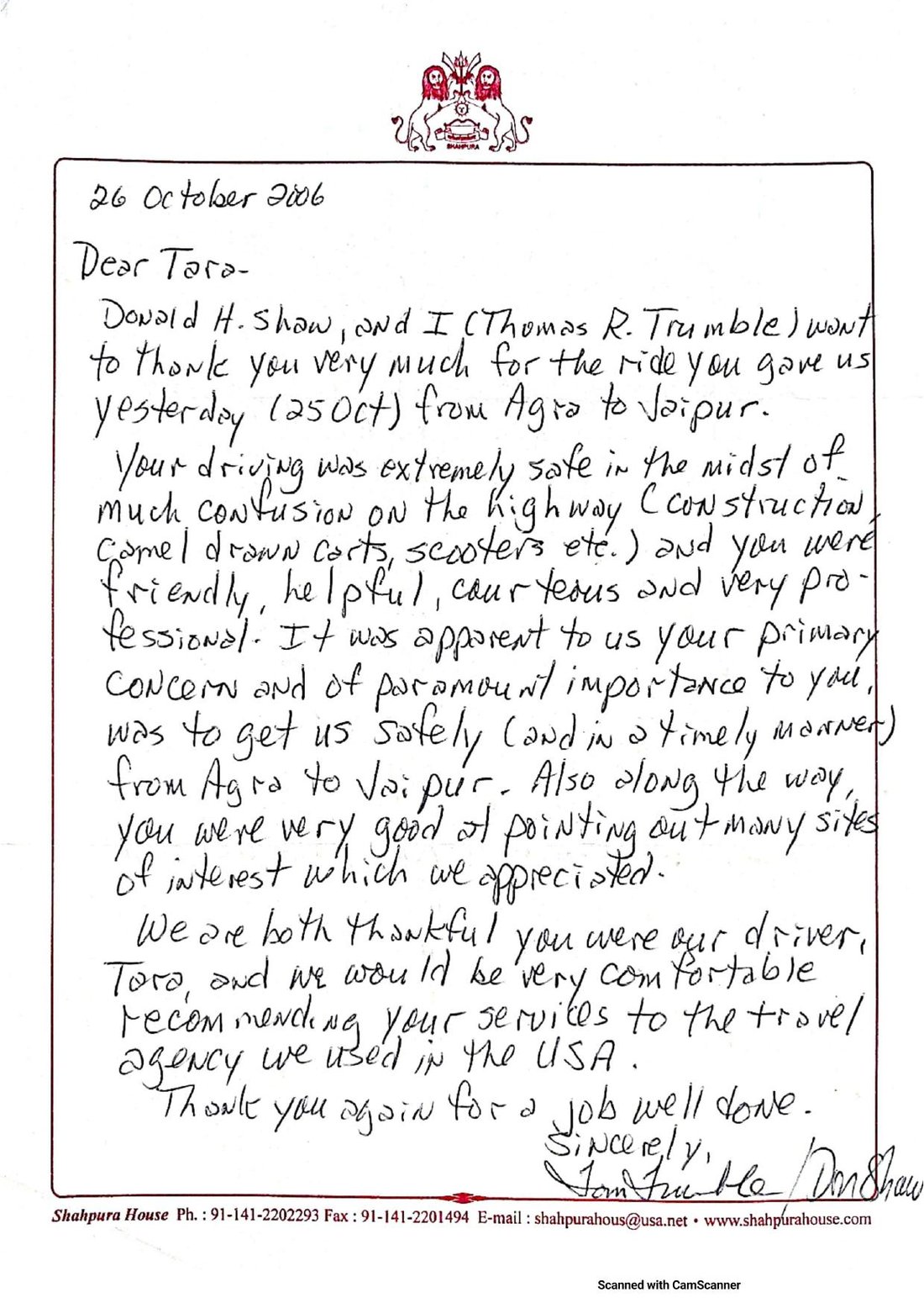 Letter from Tom Trumble & Don Shaw