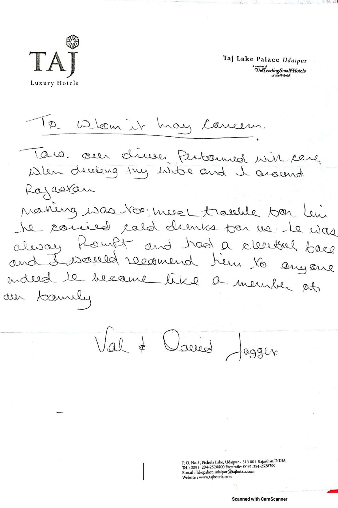 Letter from Val & David Jagger