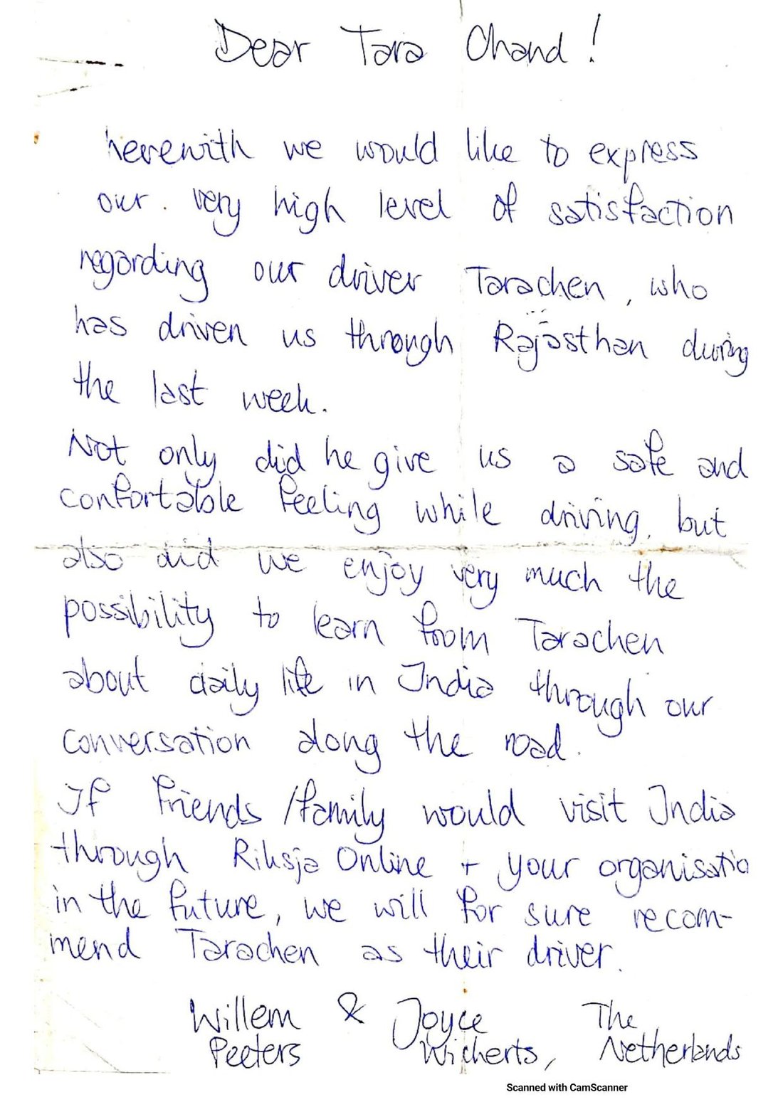 Letter from Willem Peeters & Joyce Wicherts